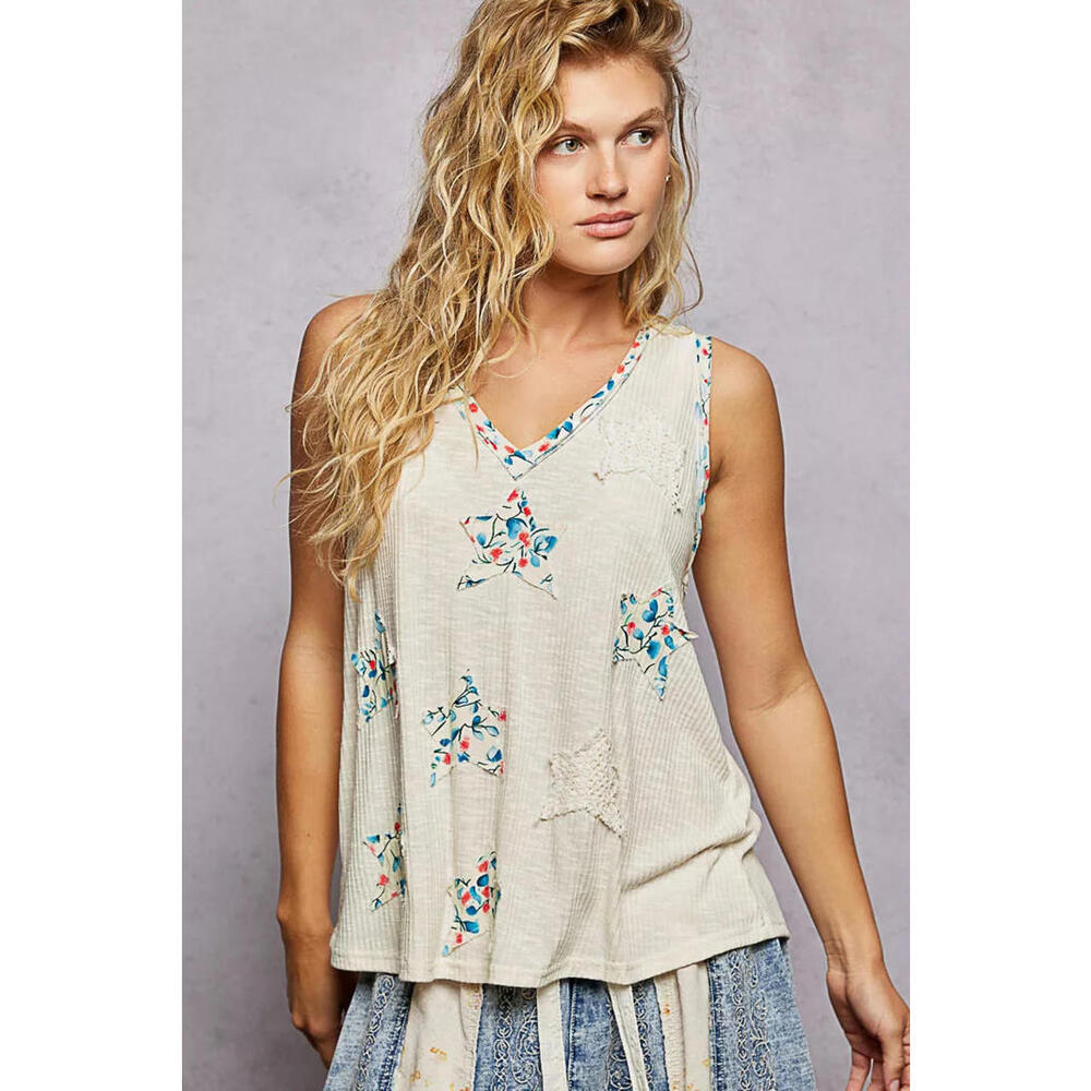 POL Floral Print Star Patch V-Neck Ribbed Tank